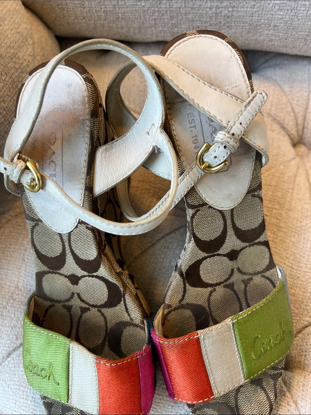 Coach Striped Multi-Color Canvas Platform Sandals with Ankle Strap - Picture 2 of 7
